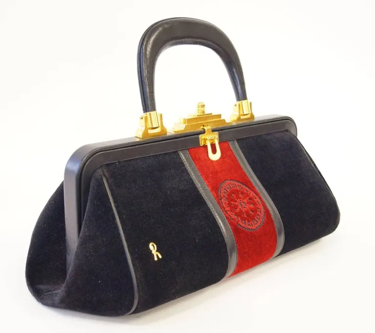 1970s Roberta di Camerino Velvet Black Red Gold Top Handle Purse