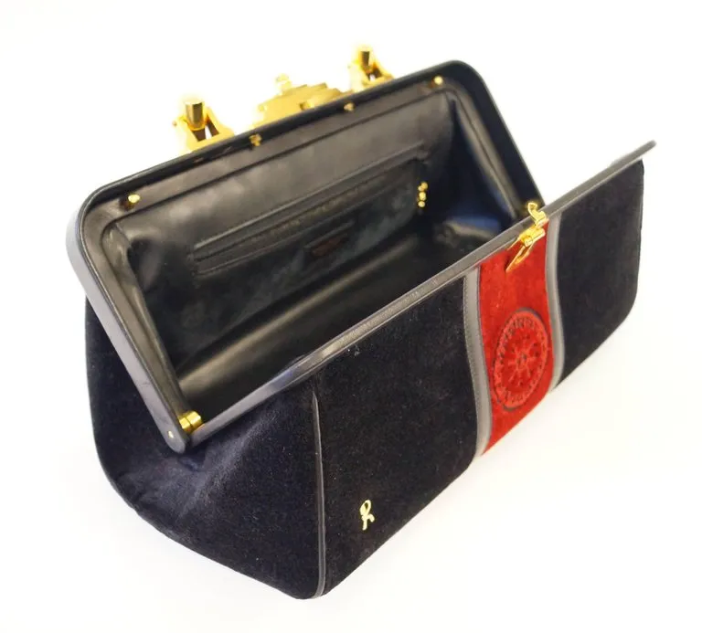 1970s Roberta di Camerino Velvet Black Red Gold Top Handle Purse