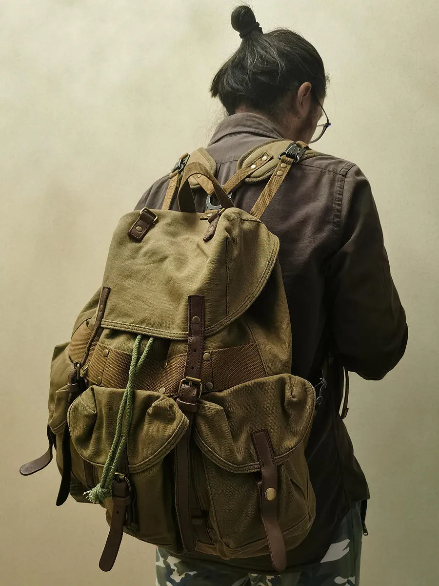 Army Green Canvas Travel Backpack for Men Canvas EDC Backpack Mens Canvas Hiking Backpack