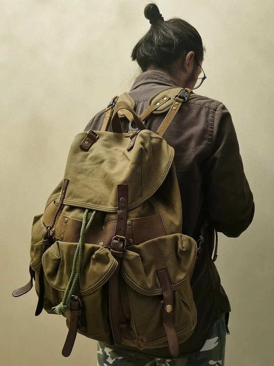 Army Green Canvas Travel Backpack for Men Canvas EDC Backpack Mens Canvas Hiking Backpack