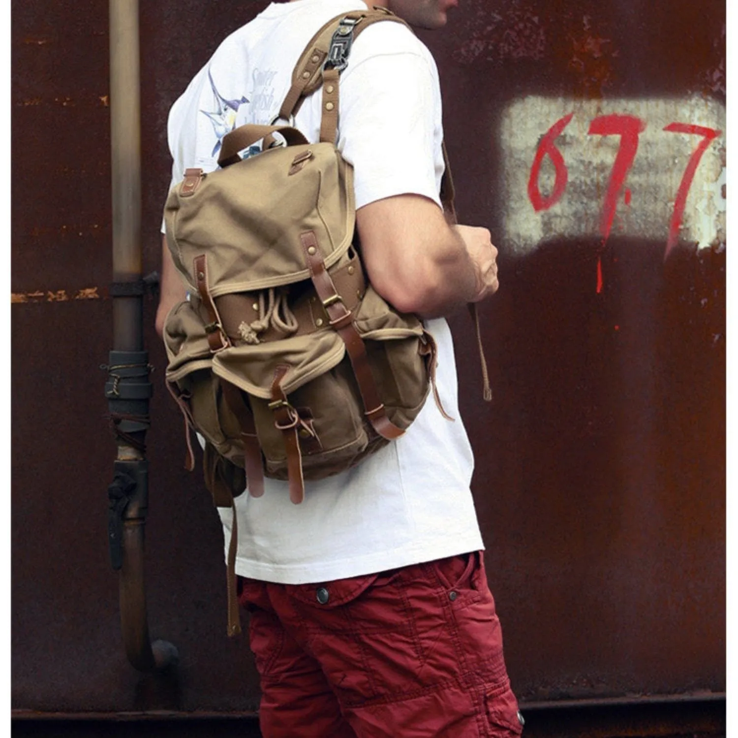 Army Green Canvas Travel Backpack for Men Canvas EDC Backpack Mens Canvas Hiking Backpack