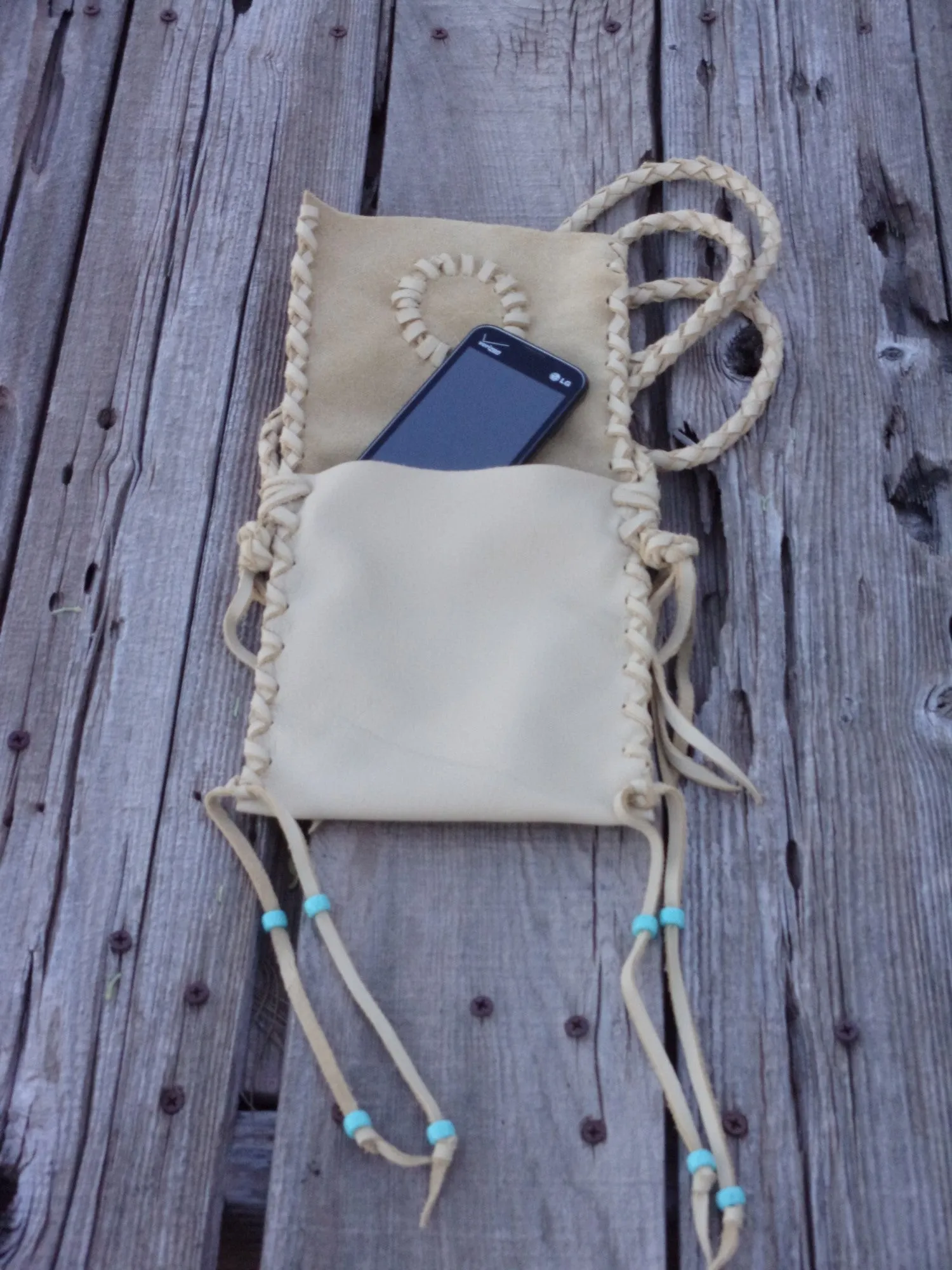 Beaded leather phone bag, small purse