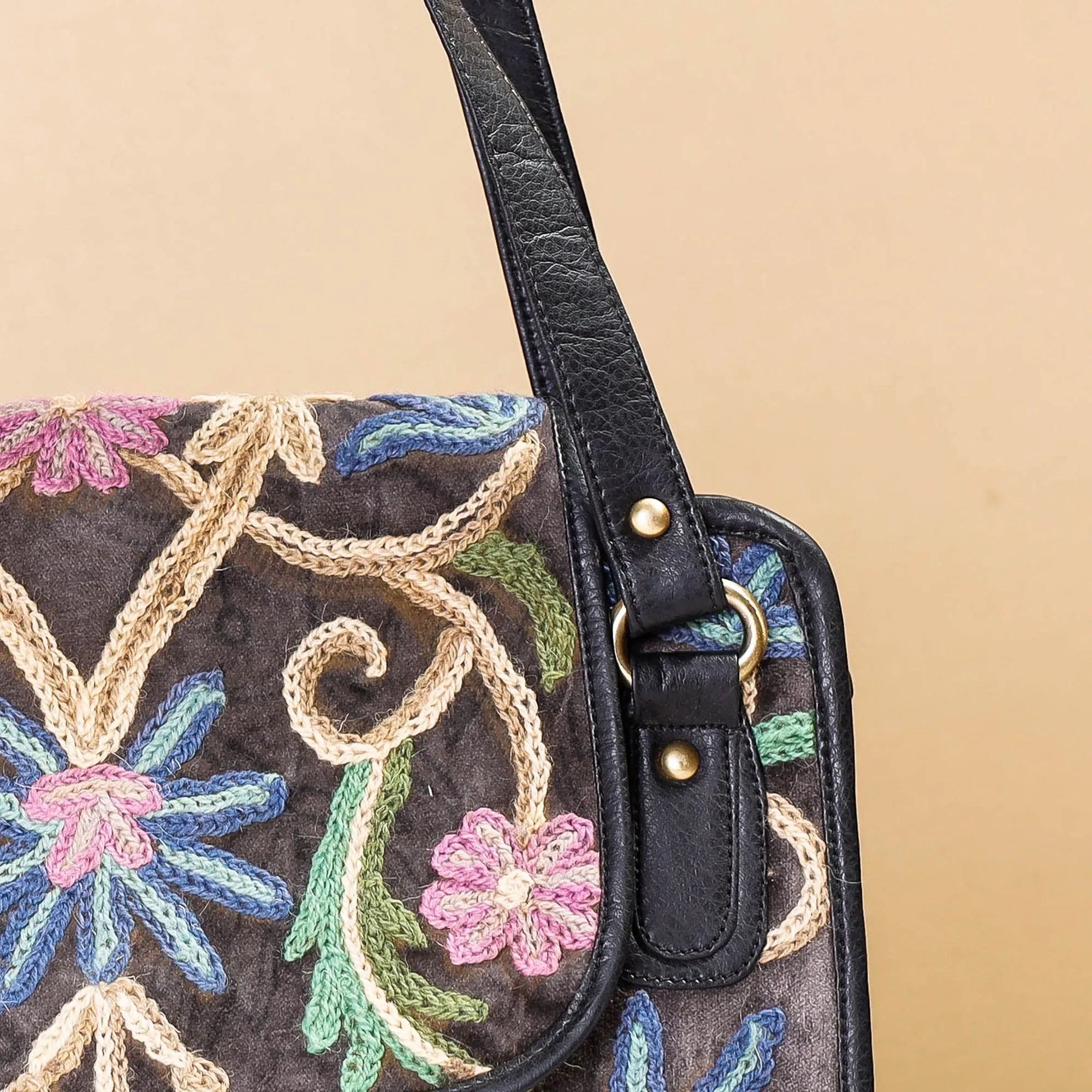 Black - Original Crewel Hand Embroidery Leather & Velvet Hand Bag