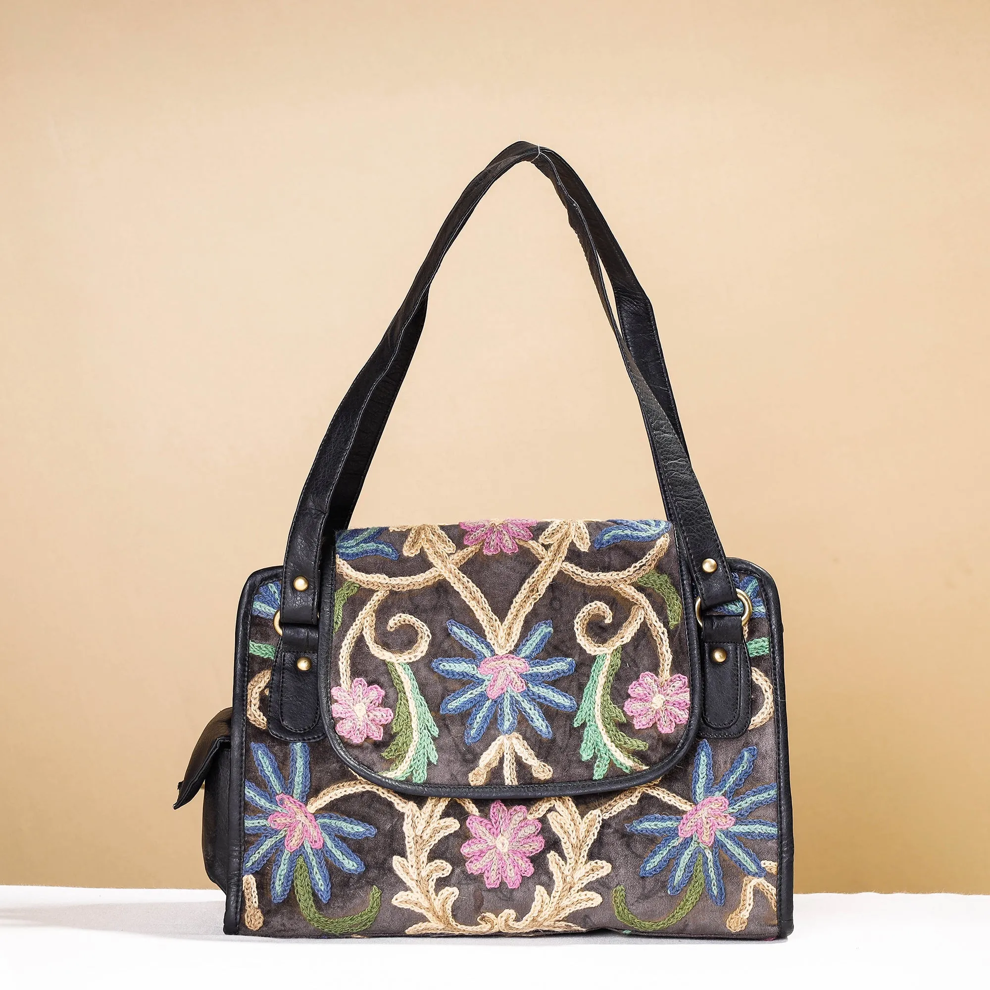 Black - Original Crewel Hand Embroidery Leather & Velvet Hand Bag