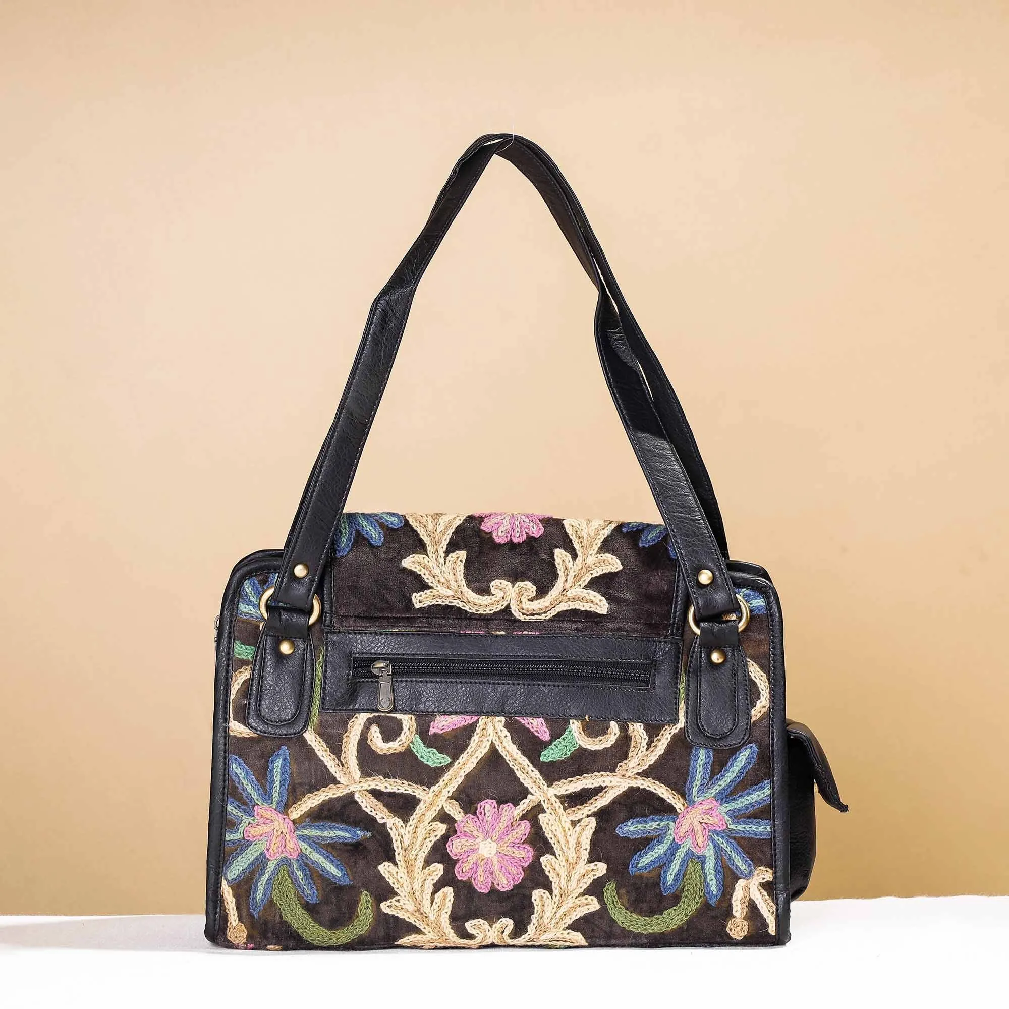 Black - Original Crewel Hand Embroidery Leather & Velvet Hand Bag