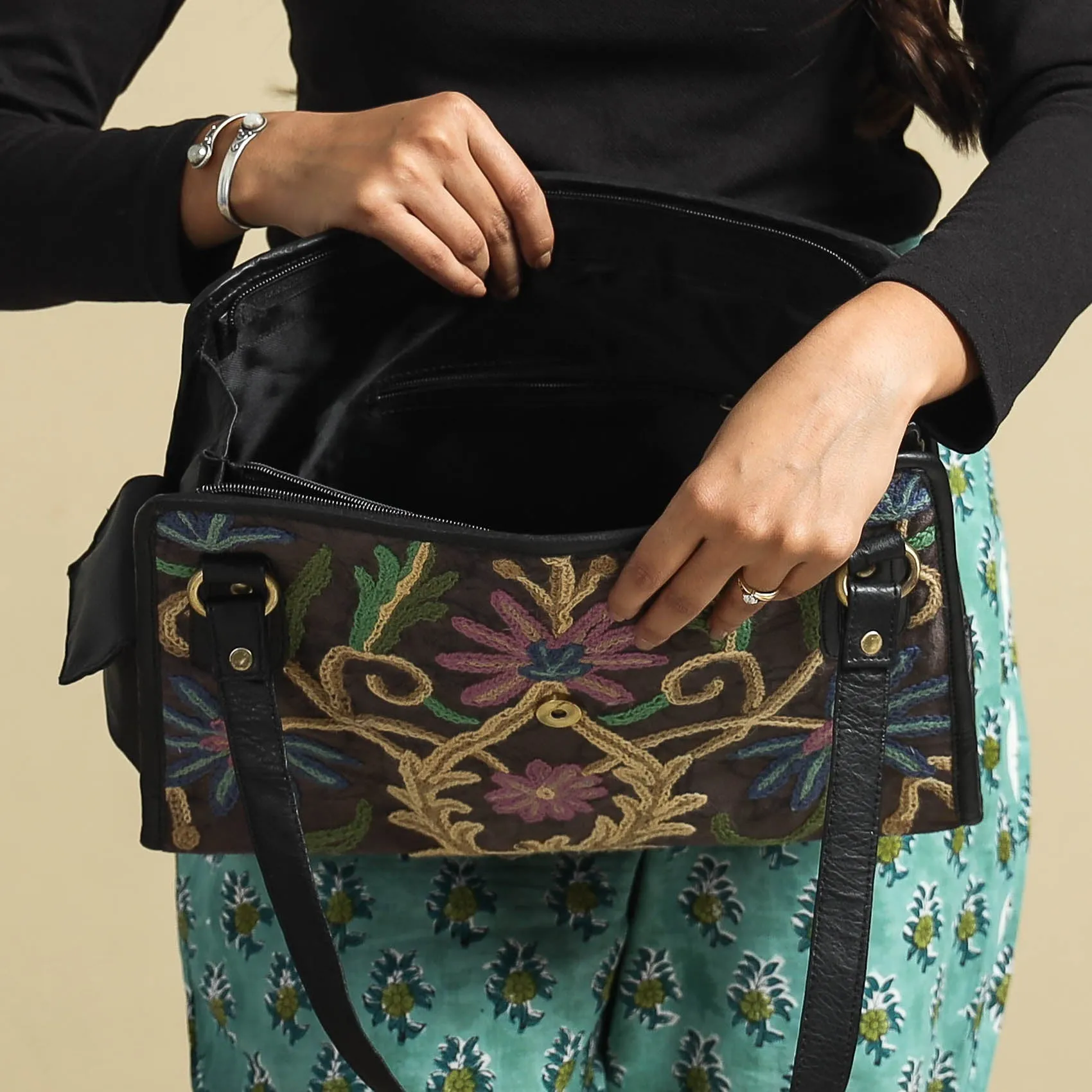 Black - Original Crewel Hand Embroidery Leather & Velvet Hand Bag