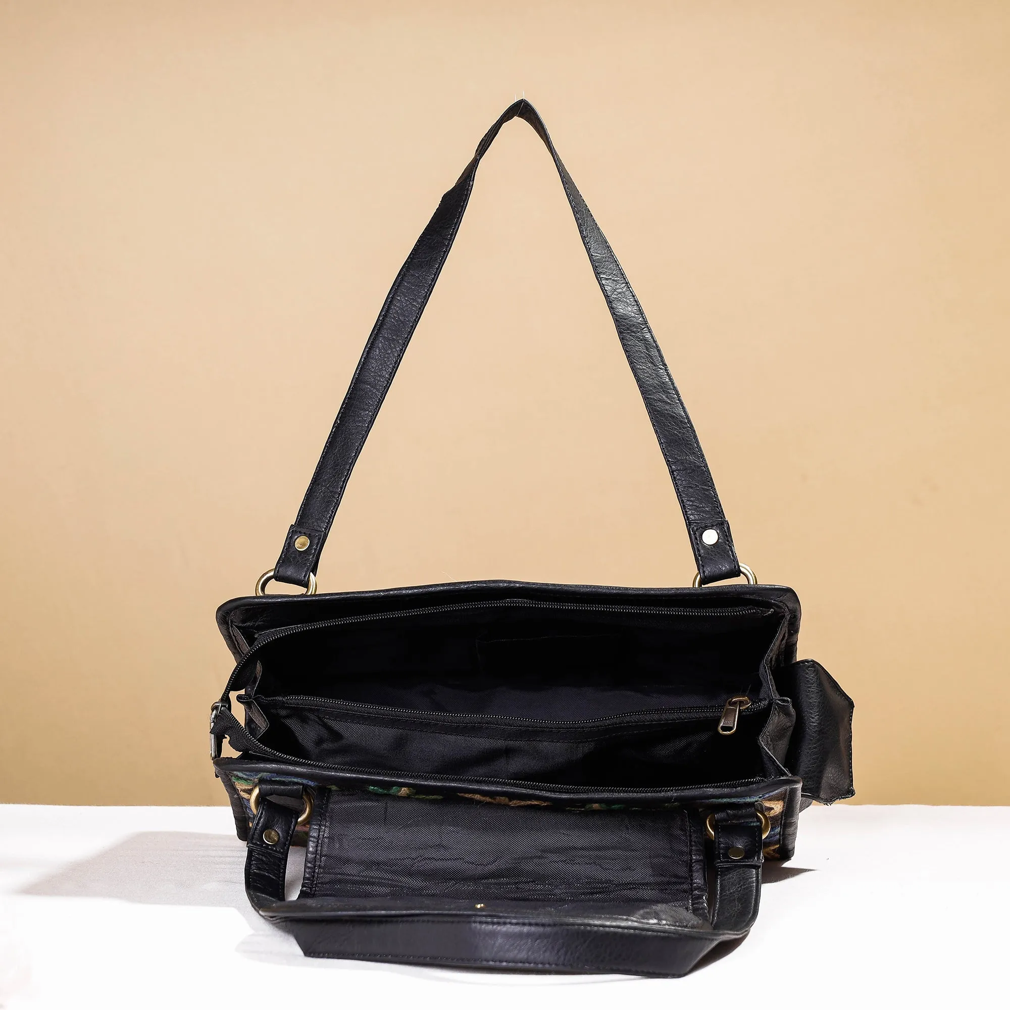 Black - Original Crewel Hand Embroidery Leather & Velvet Hand Bag