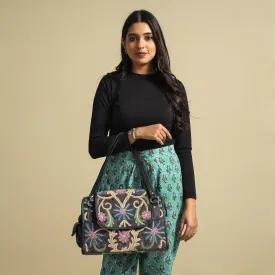 Black - Original Crewel Hand Embroidery Leather & Velvet Hand Bag