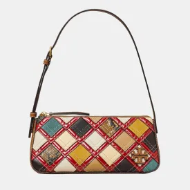 Brown Multicolor Snake Embossed Leather Shoulder Bag