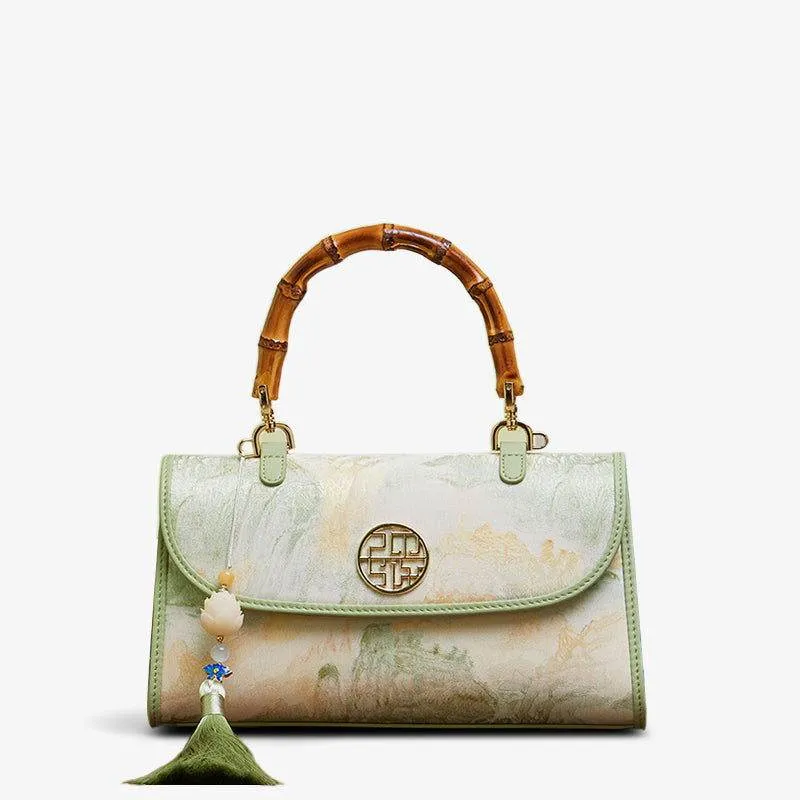 Chinese Style Mulberry Silk Bamboo Handle Light Green Handbag