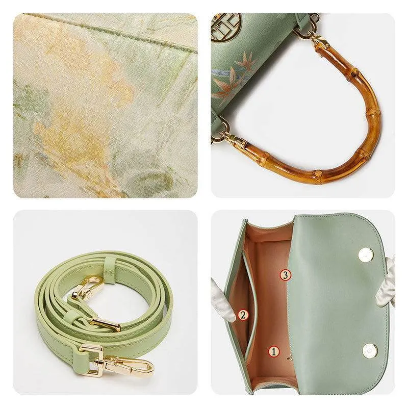 Chinese Style Mulberry Silk Bamboo Handle Light Green Handbag