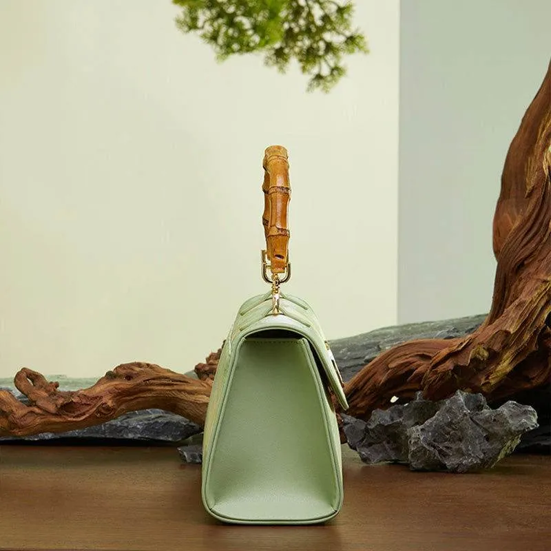 Chinese Style Mulberry Silk Bamboo Handle Light Green Handbag