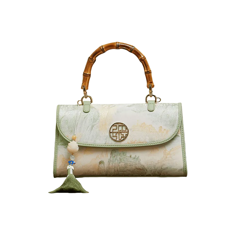 Chinese Style Mulberry Silk Bamboo Handle Light Green Handbag