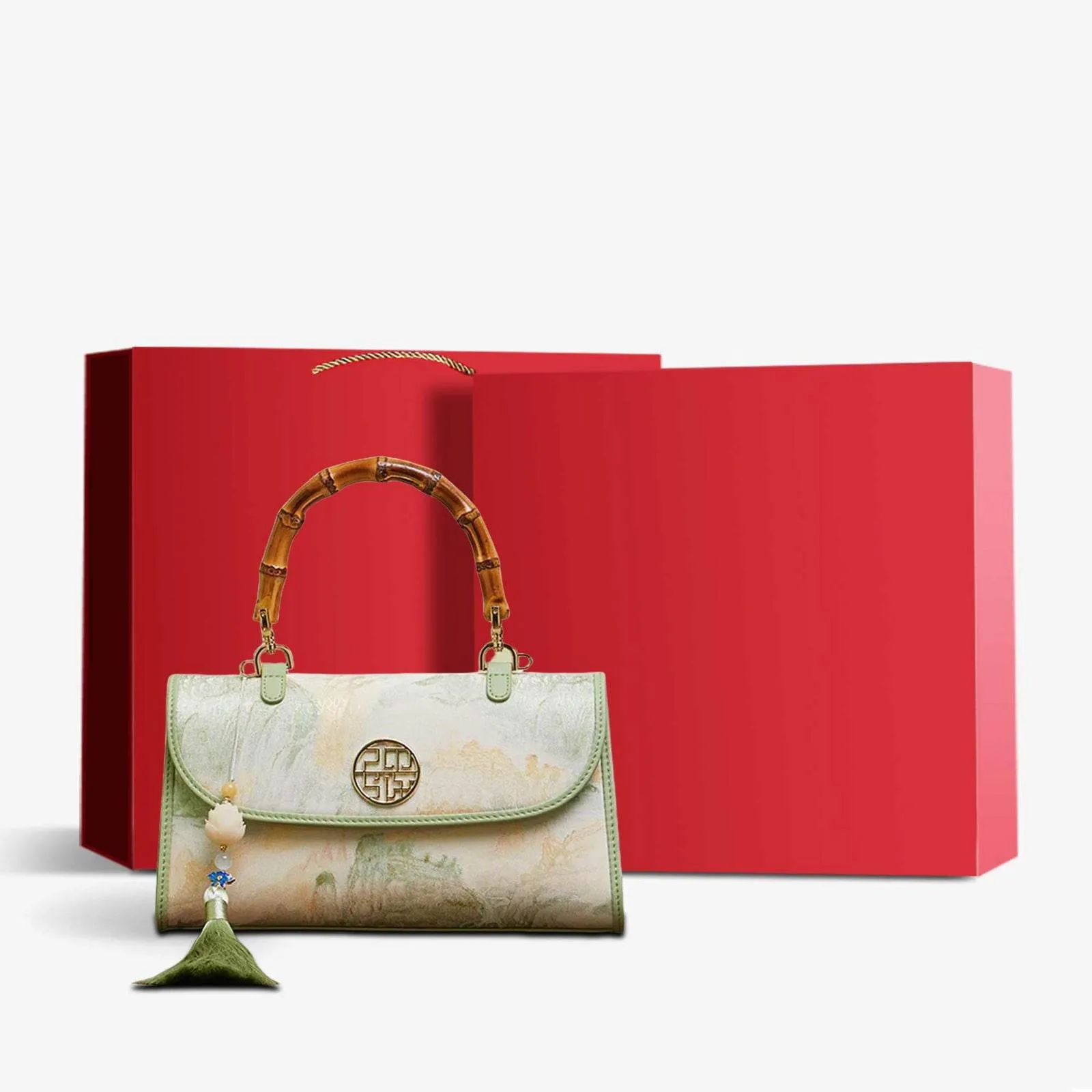 Chinese Style Mulberry Silk Bamboo Handle Light Green Handbag