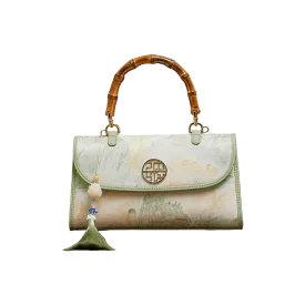 Chinese Style Mulberry Silk Bamboo Handle Light Green Handbag