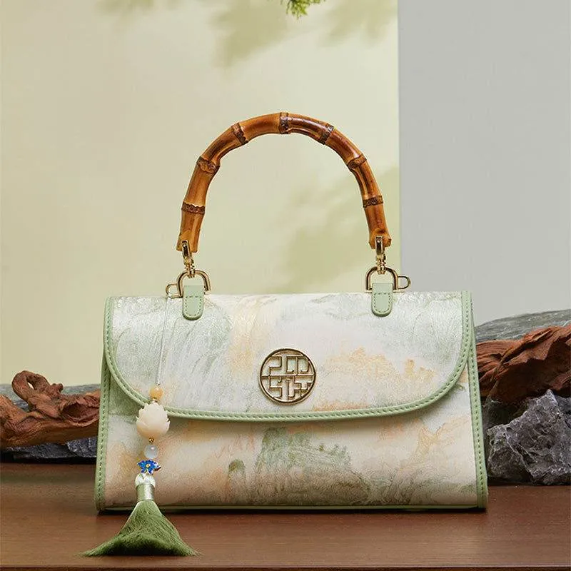 Chinese Style Mulberry Silk Bamboo Handle Light Green Handbag