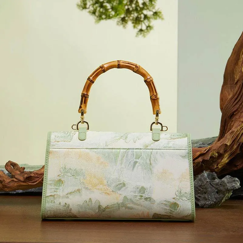 Chinese Style Mulberry Silk Bamboo Handle Light Green Handbag