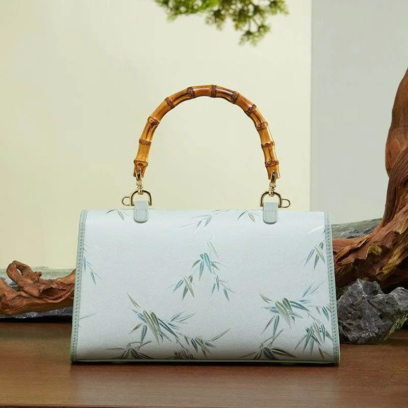 Chinese Style Mulberry Silk Green Bamboo Handle Handbag