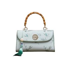 Chinese Style Mulberry Silk Green Bamboo Handle Handbag