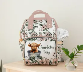 DIAPER BAG BACKPACK - PERSONALIZED HIGHLAND COW PINK FLORAL