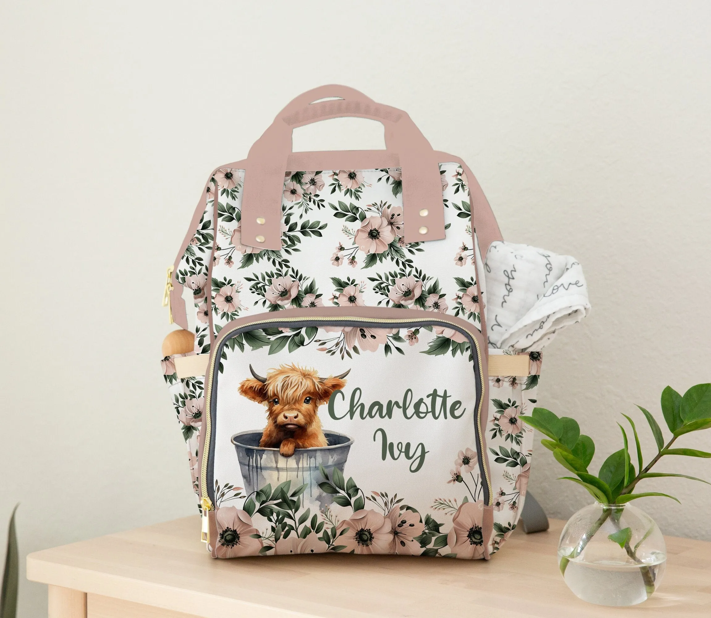DIAPER BAG BACKPACK - PERSONALIZED HIGHLAND COW PINK FLORAL