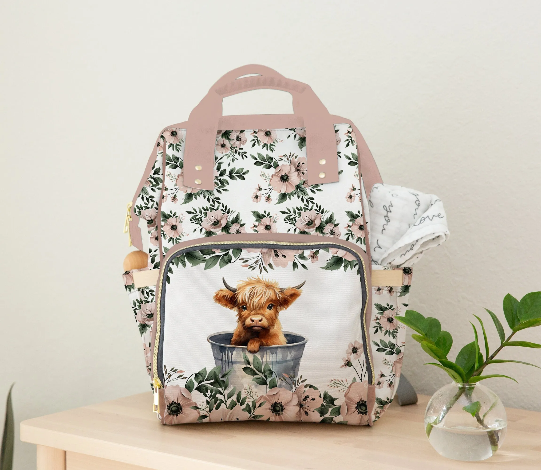 DIAPER BAG BACKPACK - PERSONALIZED HIGHLAND COW PINK FLORAL