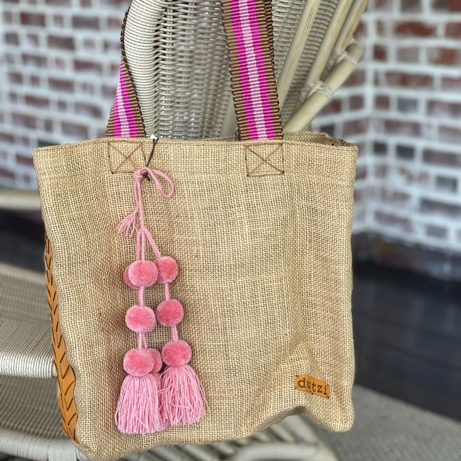 Dutzi Vintage Burlap Tote with pompom