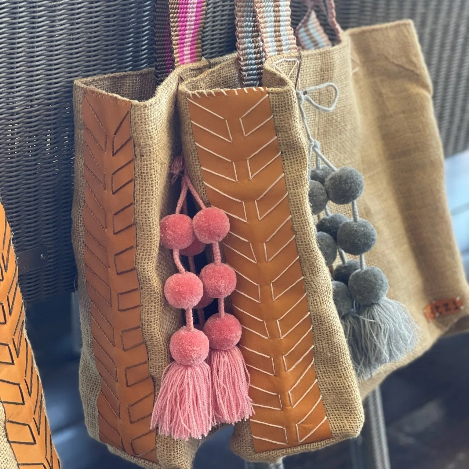 Dutzi Vintage Burlap Tote with pompom