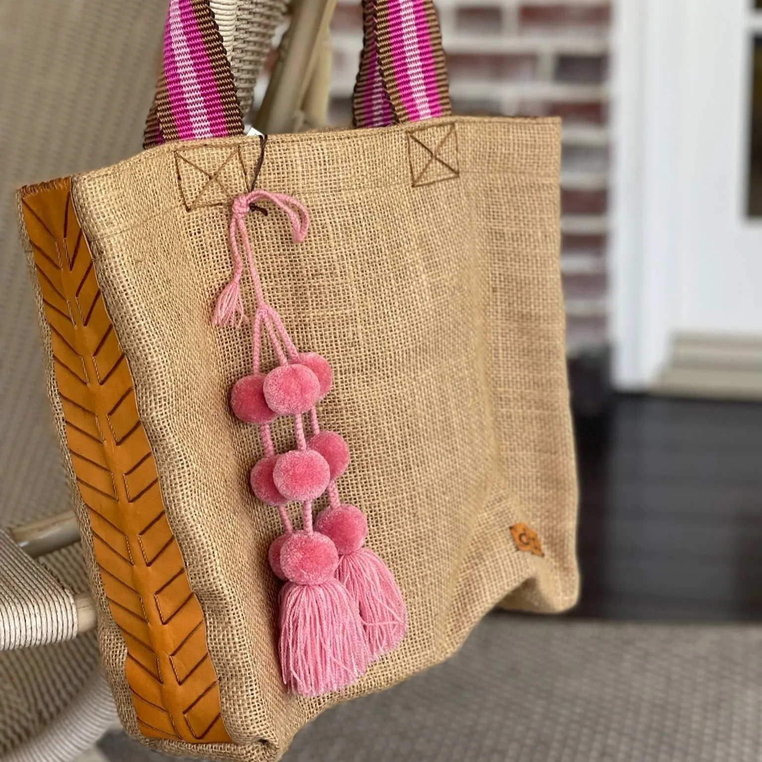 Dutzi Vintage Burlap Tote with pompom