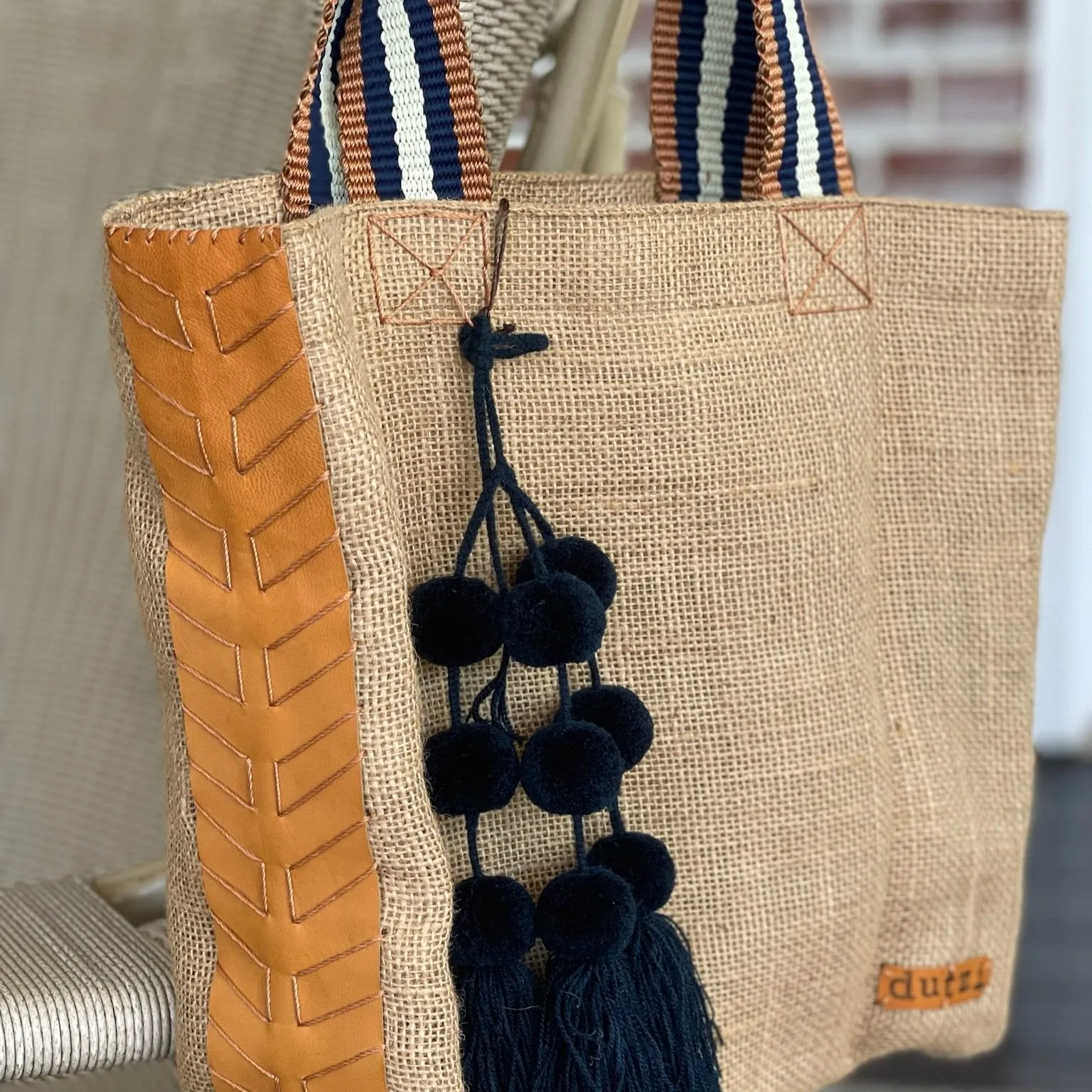 Dutzi Vintage Burlap Tote with pompom