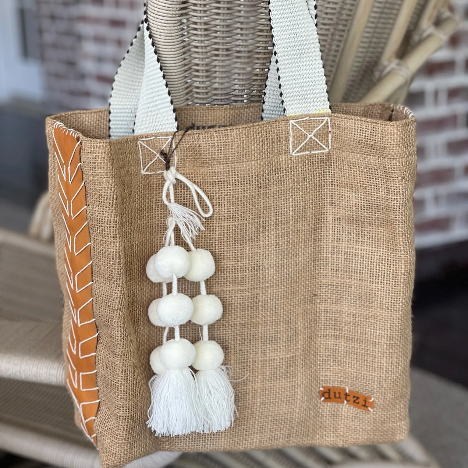 Dutzi Vintage Burlap Tote with pompom