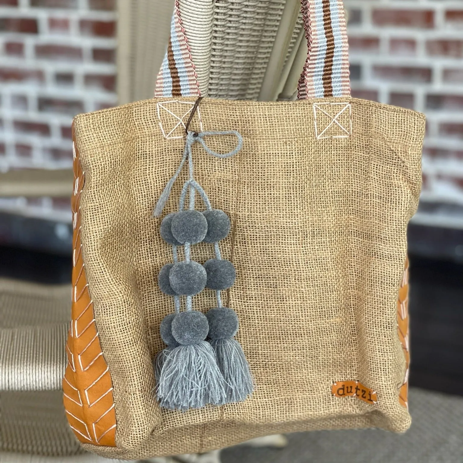 Dutzi Vintage Burlap Tote with pompom