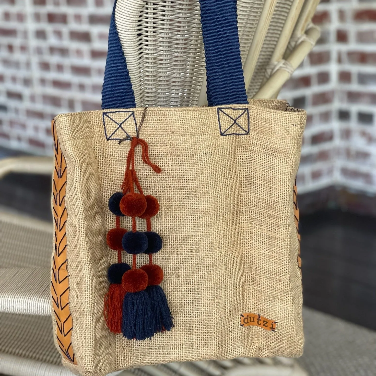 Dutzi Vintage Burlap Tote with pompom