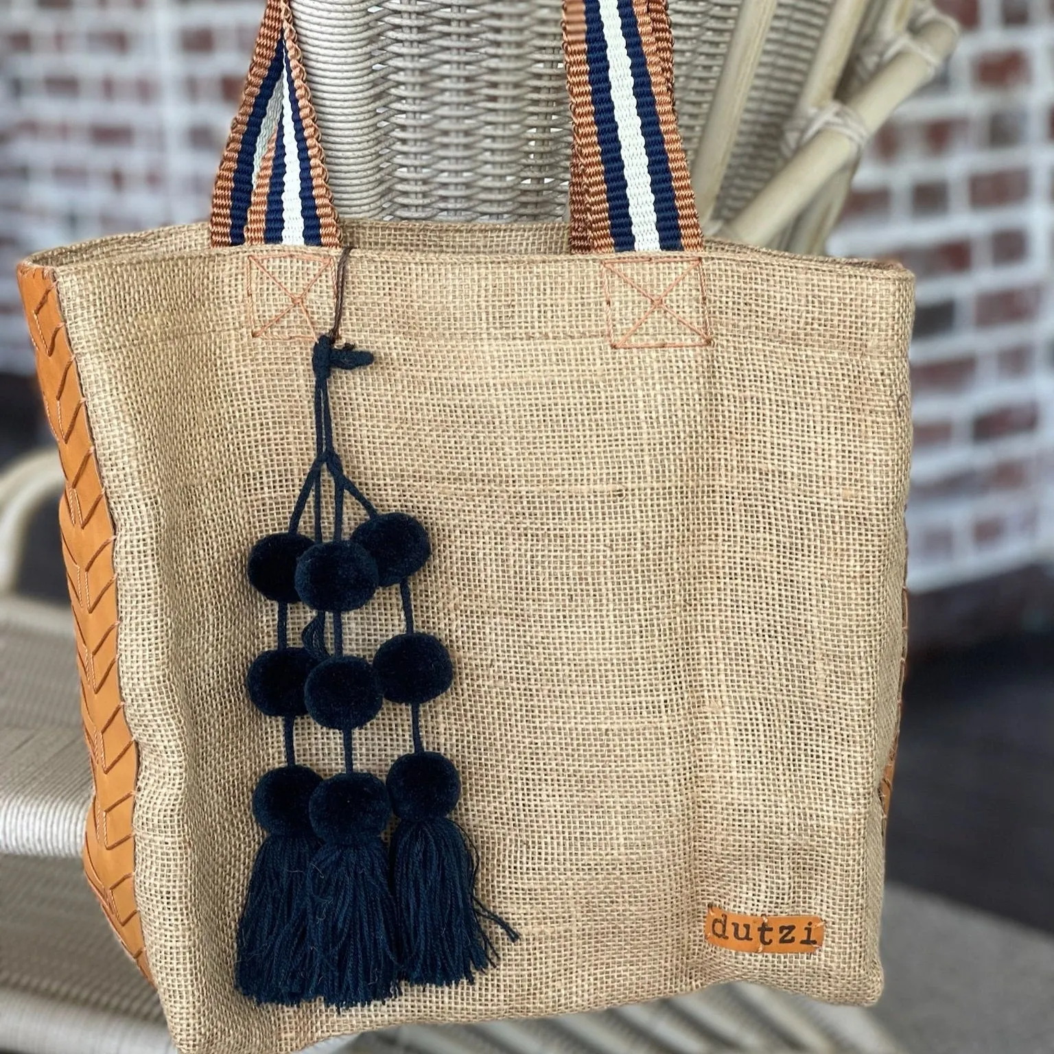 Dutzi Vintage Burlap Tote with pompom