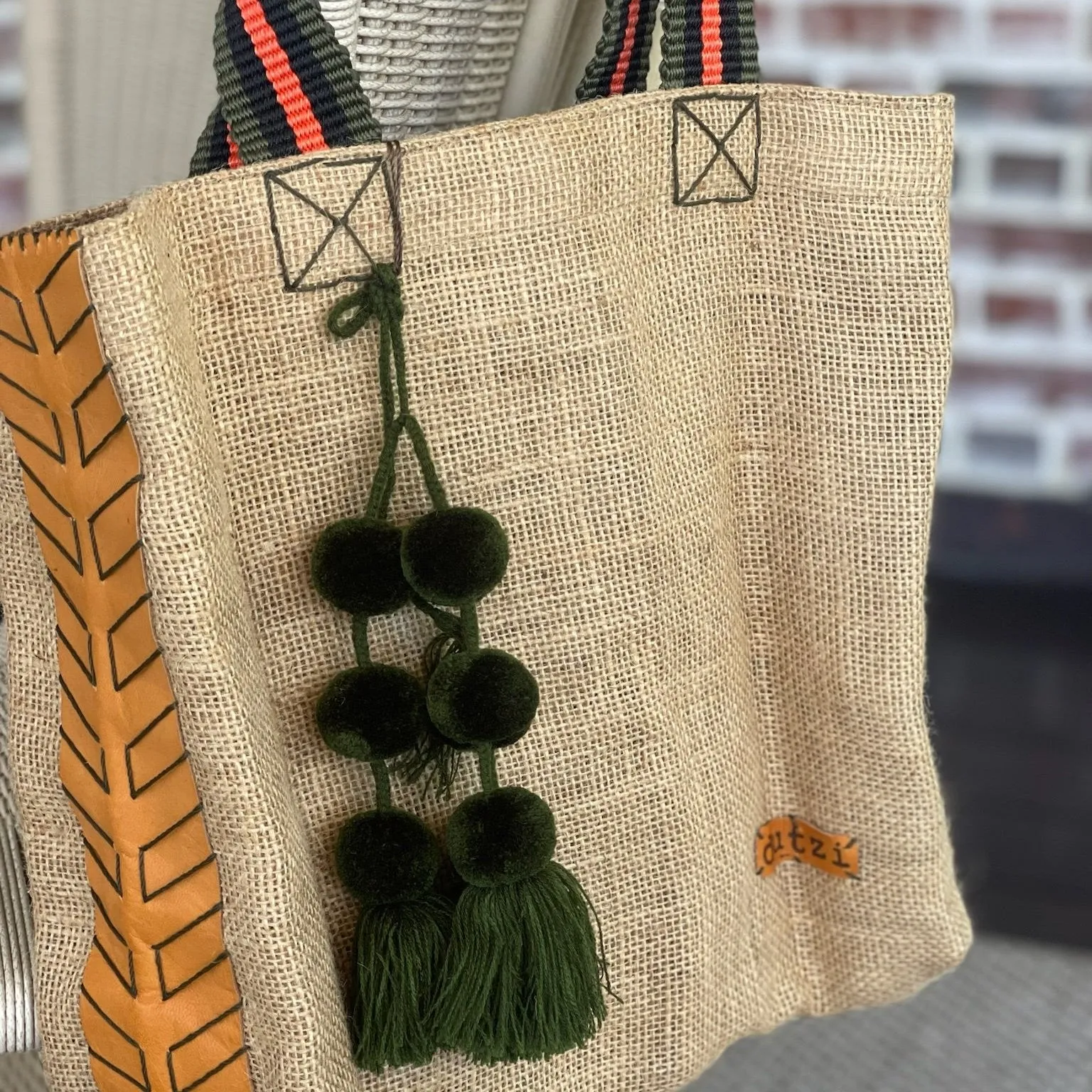 Dutzi Vintage Burlap Tote with pompom