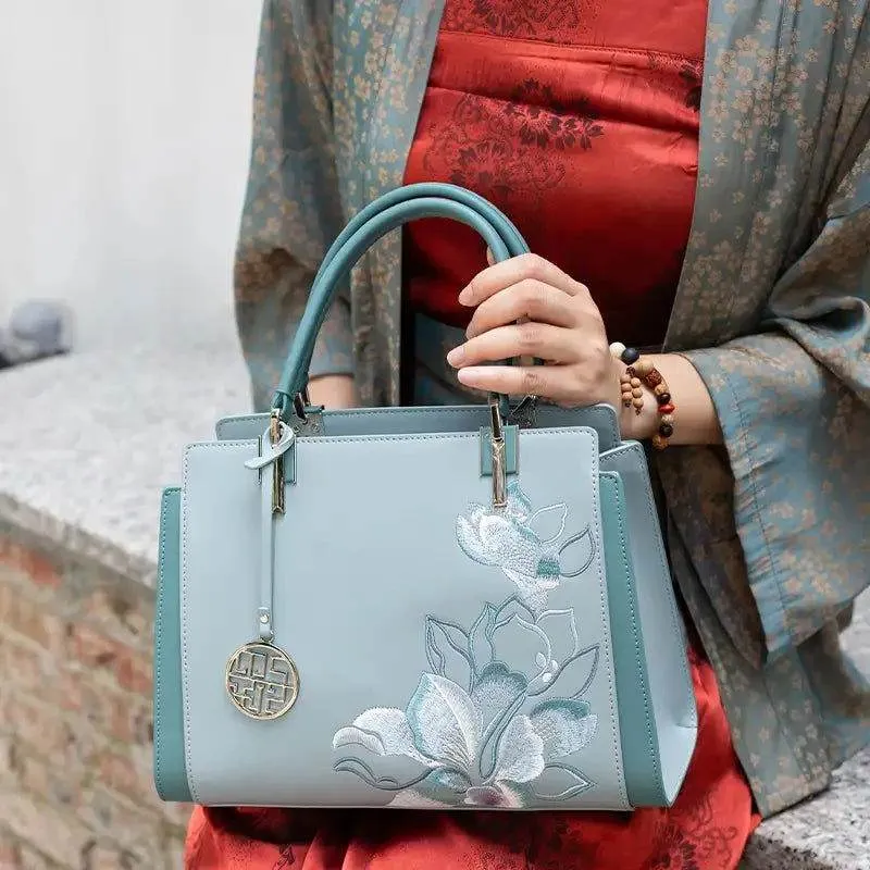 Embroidery Leather Magnolia Crossbody Tote Bag Women Handbag
