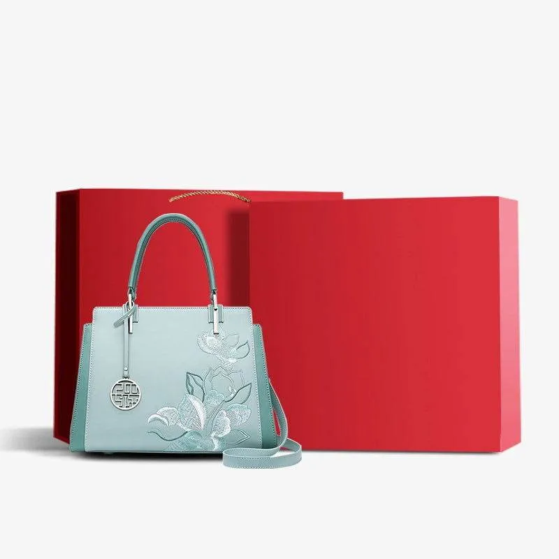 Embroidery Leather Magnolia Crossbody Tote Bag Women Handbag