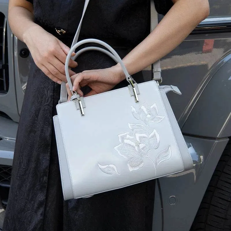 Embroidery Leather Magnolia Crossbody Tote Bag Women Handbag