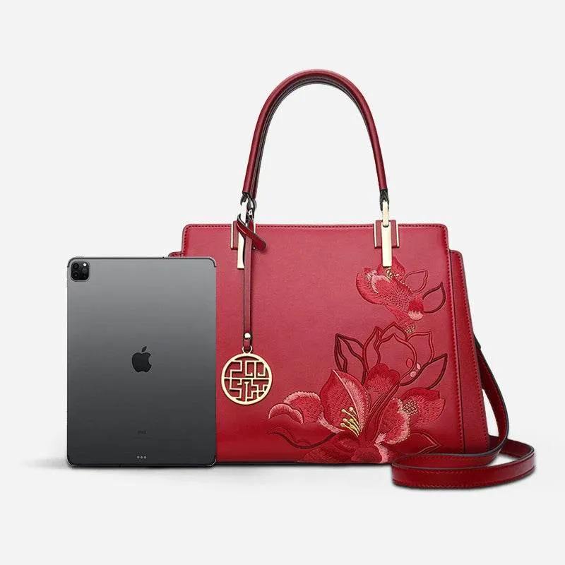 Embroidery Leather Magnolia Crossbody Tote Bag Women Handbag