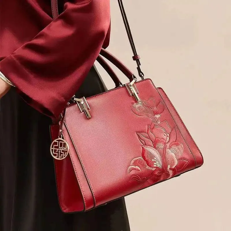 Embroidery Leather Magnolia Crossbody Tote Bag Women Handbag