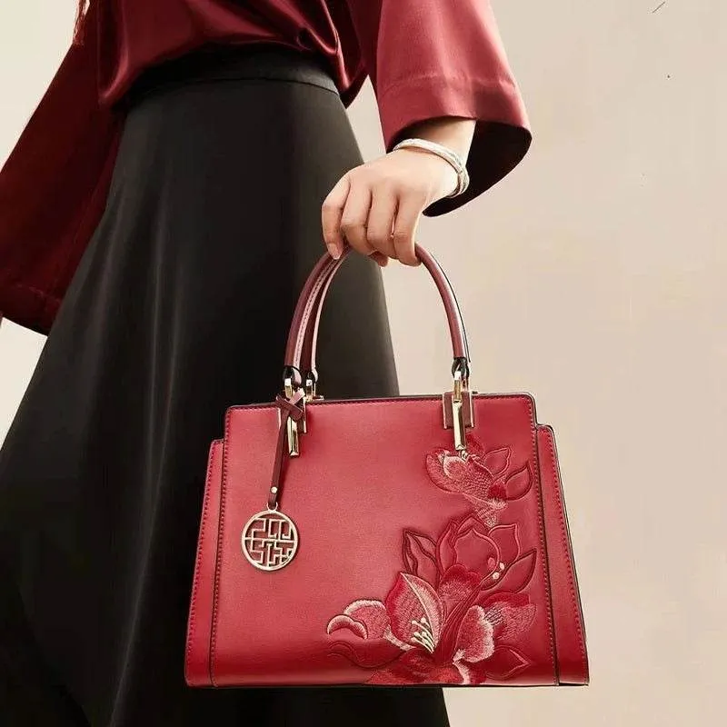 Embroidery Leather Magnolia Crossbody Tote Bag Women Handbag