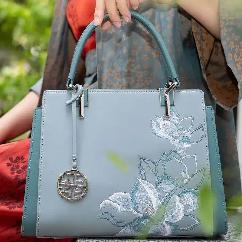 Embroidery Leather Magnolia Crossbody Tote Bag Women Handbag