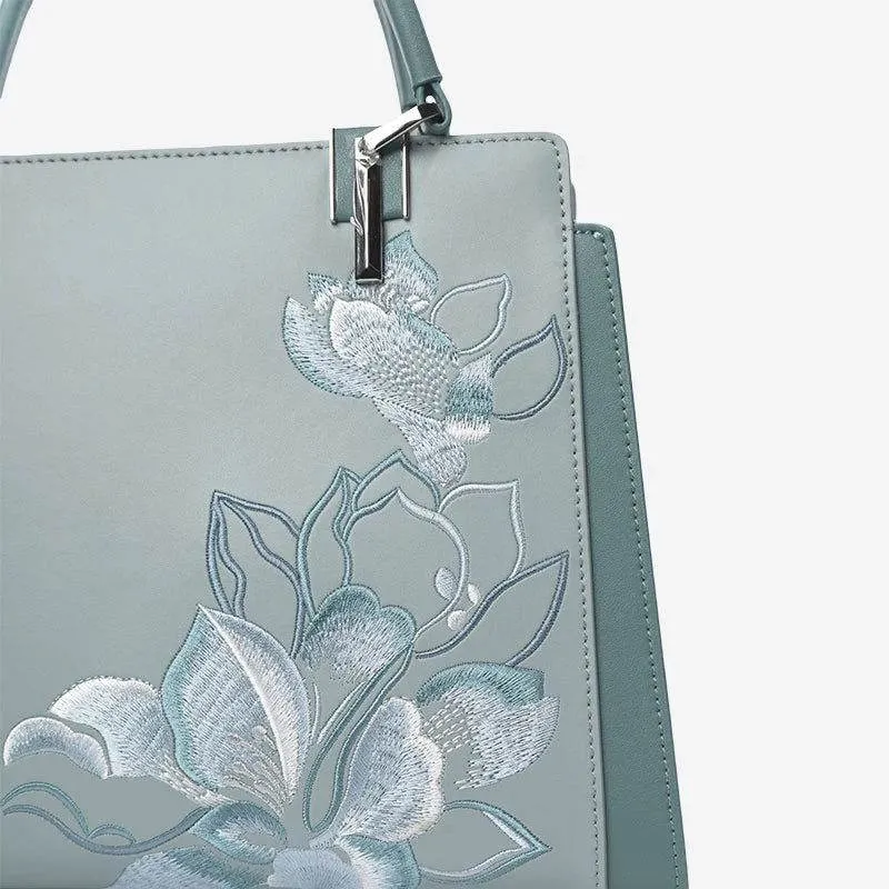 Embroidery Leather Magnolia Crossbody Tote Bag Women Handbag