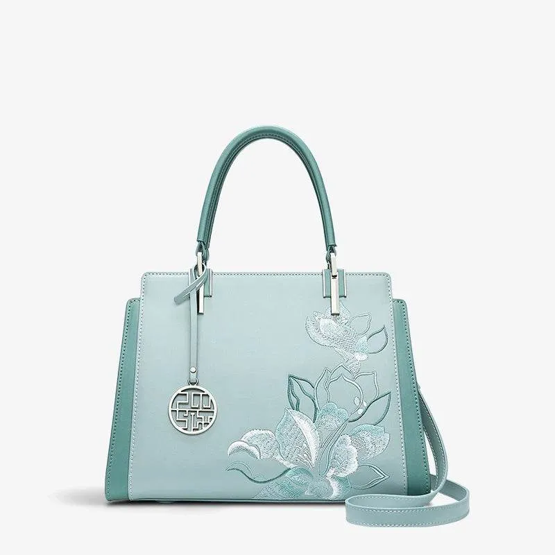 Embroidery Leather Magnolia Crossbody Tote Bag Women Handbag