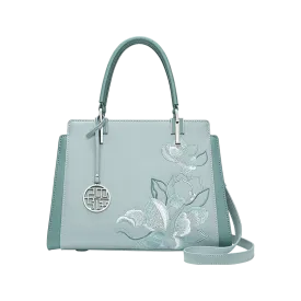 Embroidery Leather Magnolia Crossbody Tote Bag Women Handbag