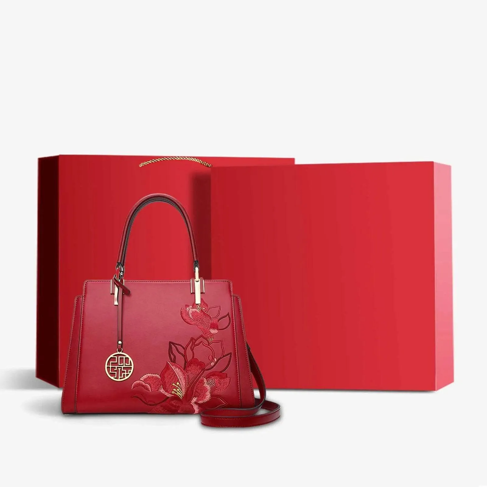Embroidery Leather Magnolia Crossbody Tote Bag Women Handbag