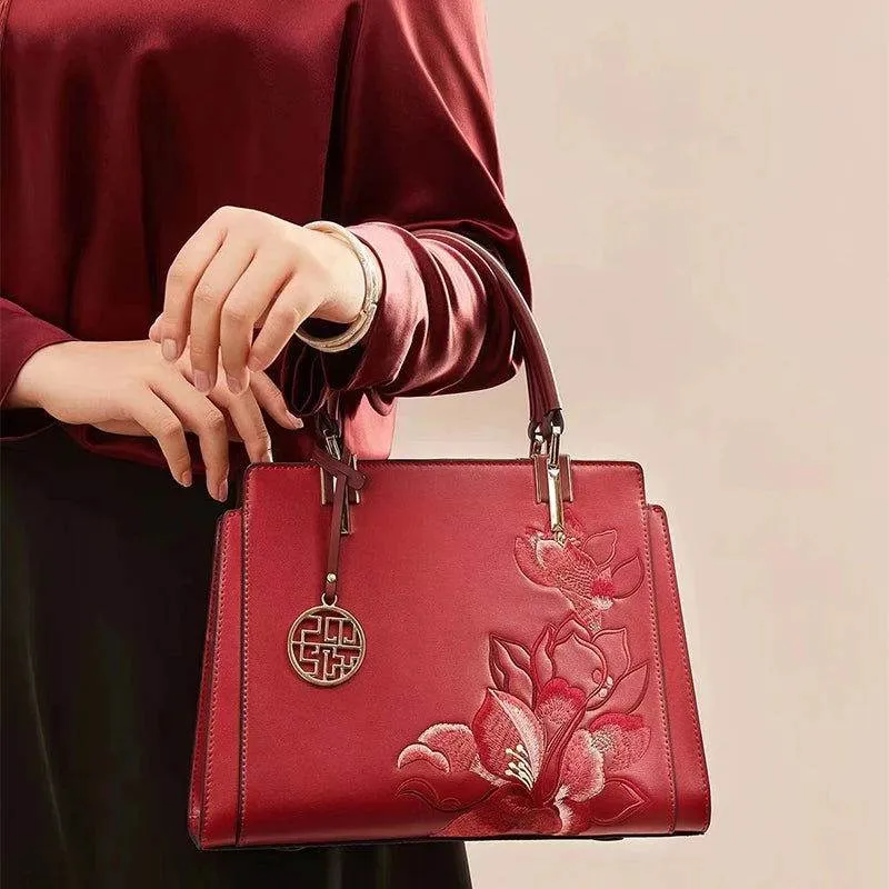 Embroidery Leather Magnolia Crossbody Tote Bag Women Handbag