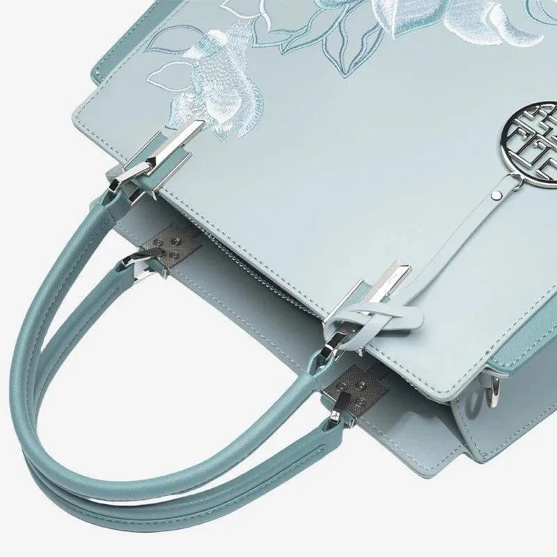 Embroidery Leather Magnolia Crossbody Tote Bag Women Handbag
