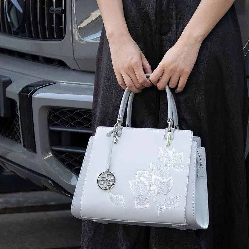 Embroidery Leather Magnolia Crossbody Tote Bag Women Handbag