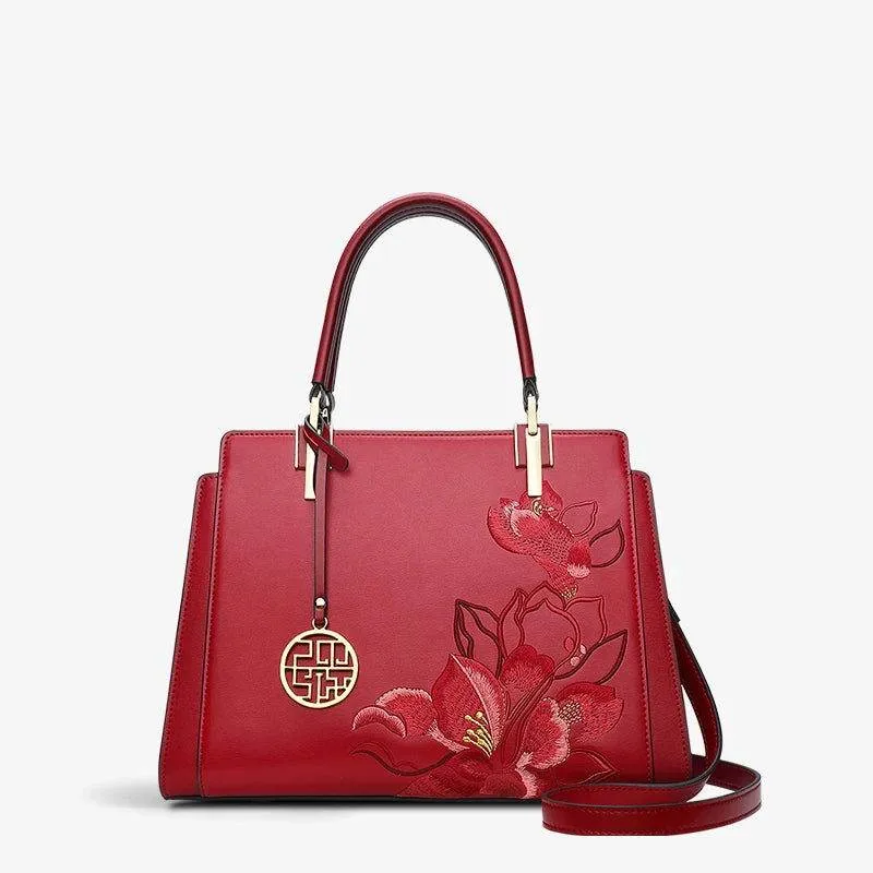 Embroidery Leather Magnolia Crossbody Tote Bag Women Handbag